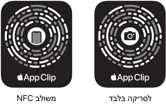 משמאל, קוד של ״יישום ברגע״ המשלב NFC עם צלמית של iPhone במרכז. מימין, קוד של ״יישום ברגע״ לסריקה בלבד עם צלמית של מצלמה במרכז.