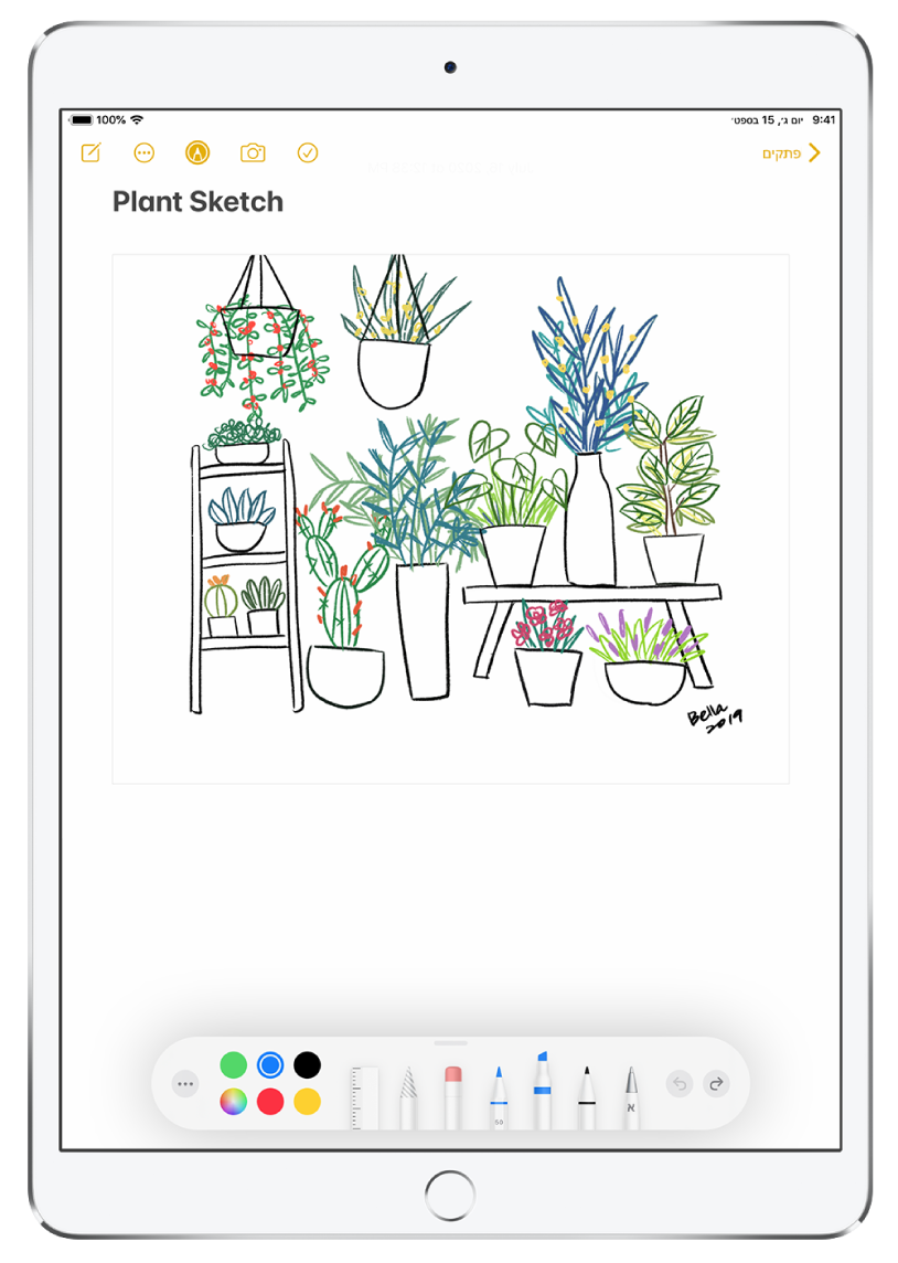 ציור של צמחים בפתק ביישום ״פתקים״. בתחתית המסך מופיע סרגל הכלים של ״סימון״ עם כלי כתיבה וצבע מותאם אישית שנבחר.
