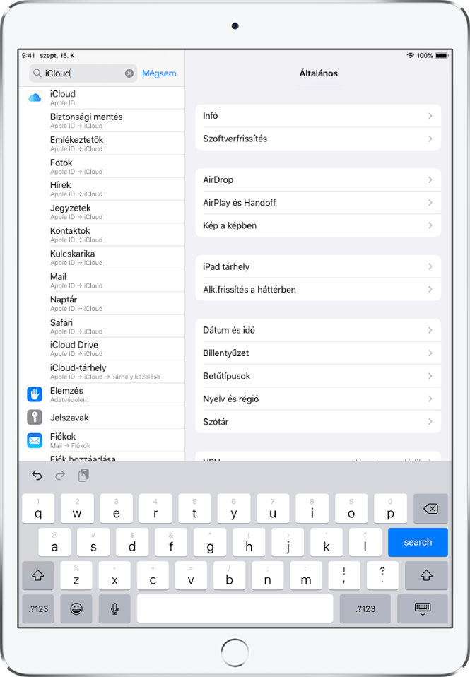 A beállítások keresésére használható képernyő, amelynek tetején a keresőmező látható. A keresőmezőben az „iCloud” kifejezés szerepel, az alatta lévő listán pedig megjelennek a keresési találatok.