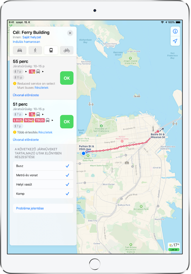 A térképen San Francisco egy tömegközlekedési útvonala látható. A bal oldali útvonalkártya Indulás gombot jelenít meg a két útvonal-lehetőséghez.