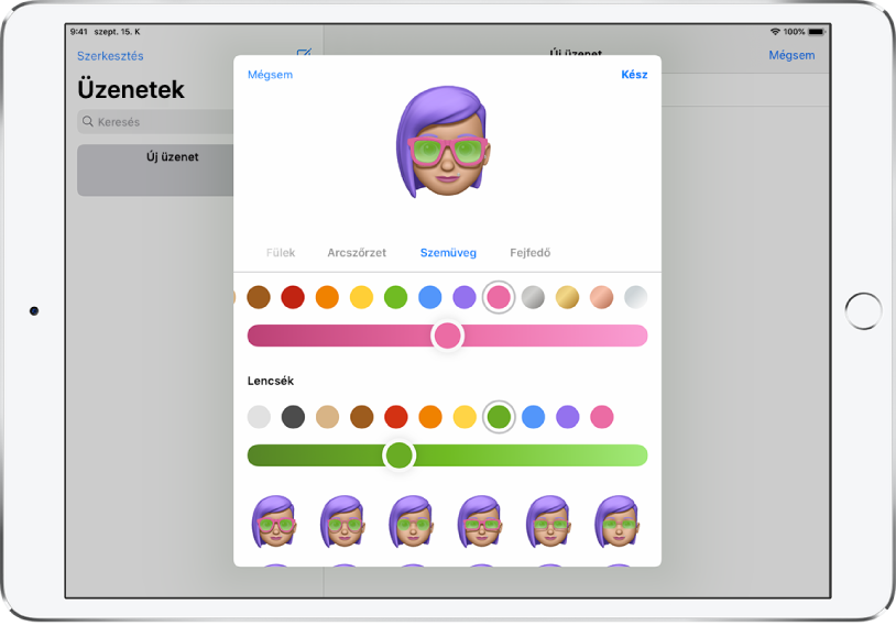 A Memoji létrehozása képernyő az Üzenetek alkalmazásban, ahol szemüveget választhat.