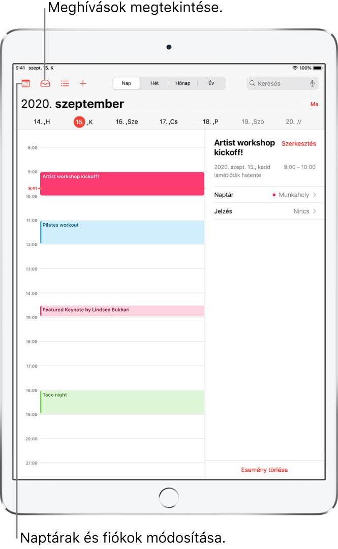 A Naptár napi nézetben Koppintson a képernyő tetején lévő gombokra a Napi, Heti, Havi vagy Éves nézet közötti váltáshoz. Koppintson a Naptárak gombra a naptárak vagy fiókok módosításához. Koppintson a Bejövő gombra a bal felső részen a meghívók megtekintéséhez.