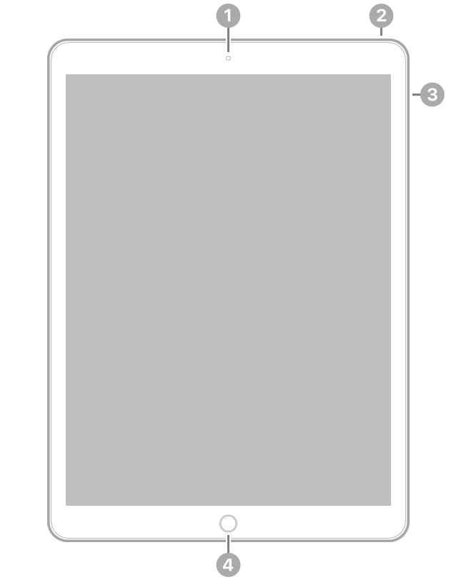 Az iPad Pro elölnézete, amelyen a feliratok a készülék tetejének közepén lévő elülső kamerára, a jobb felső részen lévő felső gombra, a jobb oldalon lévő hangerőgombokra és a készülék aljának közepén lévő Főgombra/Touch ID-ra mutatnak.