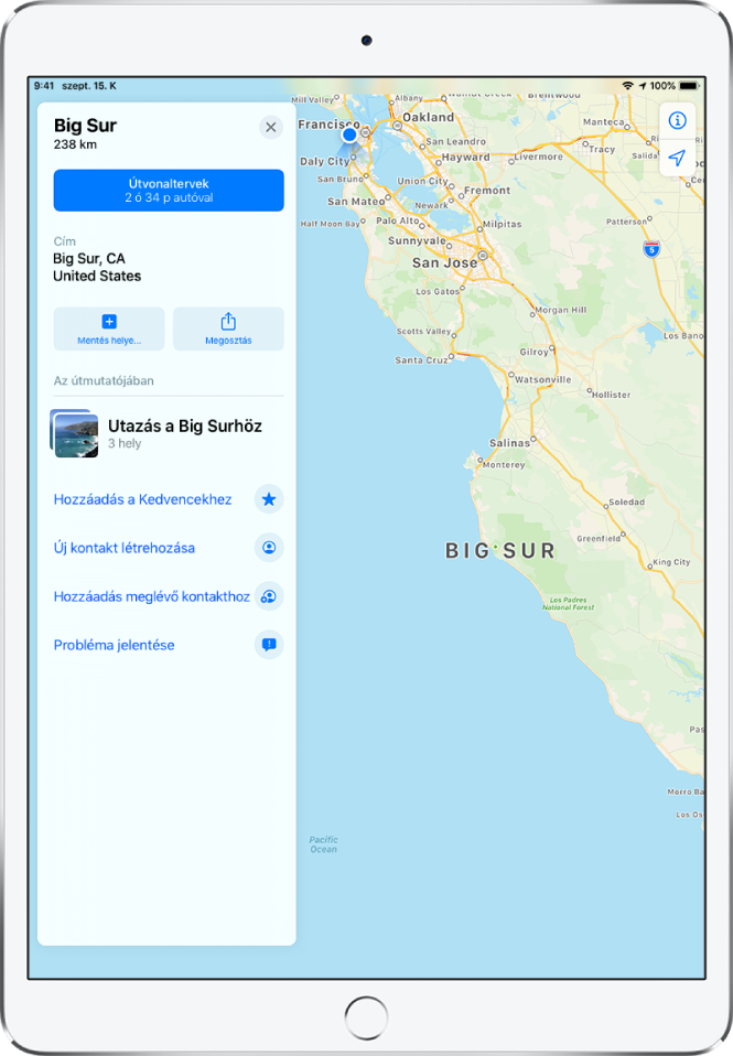 Egy térkép a Big Sur információs kártyájával. Az információs kártyán az Útvonaltervek gomb látható.