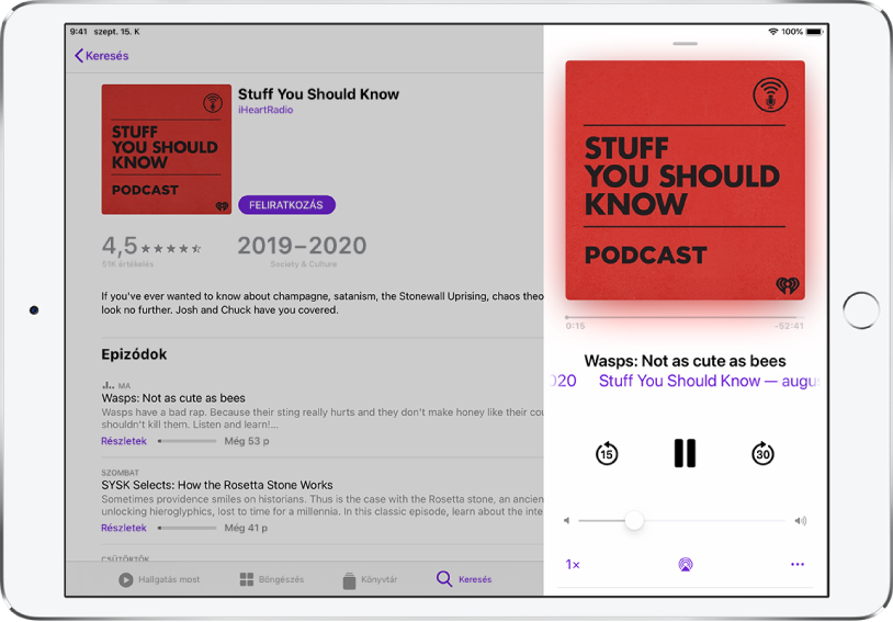A Podcastok keresési eredménye kitölti a képernyőt. A képernyő jobb oldalán egy podcast van lejátszás alatt, és lejátszásvezérlők a podcast borítóképe alatt láthatók.