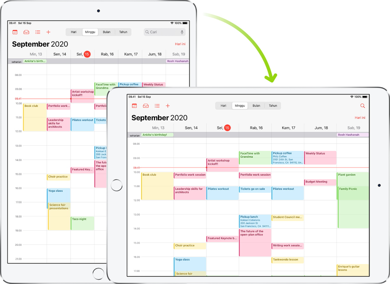 Di latar belakang, iPad menampilkan layar Kalender dalam orientasi potret; di latar depan, iPad diputar dan menampilkan layar Kalender dalam orientasi lanskap.