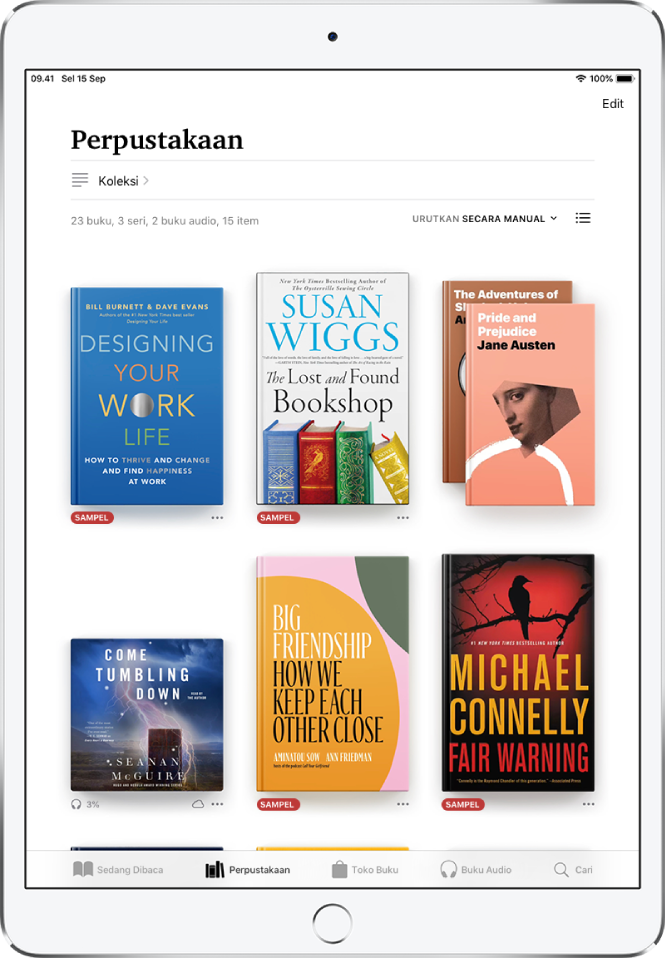 Layar Perpustakaan di app Buku. Di bagian atas layar terdapat tombol Koleksi dan pilihan pengurutan. Pilihan pengurutan Terbaru dipilih. Di bagian tengah layar terdapat sampul buku di perpustakaan. Di bagian bawah layar, dari kiri ke kanan, terdapat tab Sedang Dibaca, Perpustakaan, Toko Buku, Buku Audio, dan Cari.