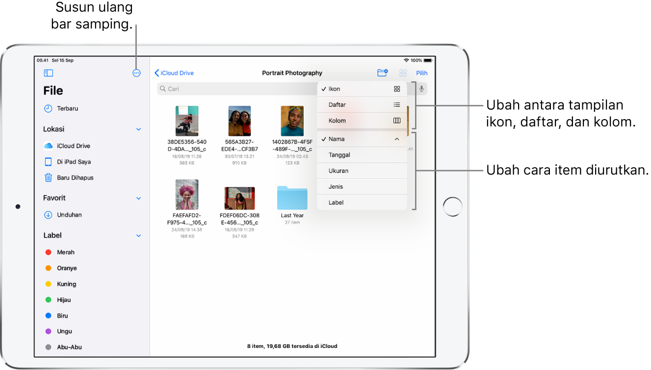 Lokasi iCloud Drive menampilkan tombol untuk menyusun ulang bar samping, untuk mengurutkan menurut Nama, Tanggal, Ukuran, dan Label, dan untuk mengubah antara tampilan daftar dan ikon.