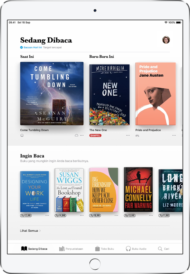 Layar di app Buku. Di bagian bawah layar, dari kiri ke kanan, terdapat tab Sedang Dibaca, Perpustakaan, Toko Buku, Buku Audio, dan Cari—tab Sedang Dibaca dipilih. Di bagian atas layar terdapat bagian Sedang Dibaca, yang menampilkan buku yang sedang dibaca. Di bawahnya terdapat bagian Ingin Baca, yang menampilkan buku yang mungkin ingin Anda baca.