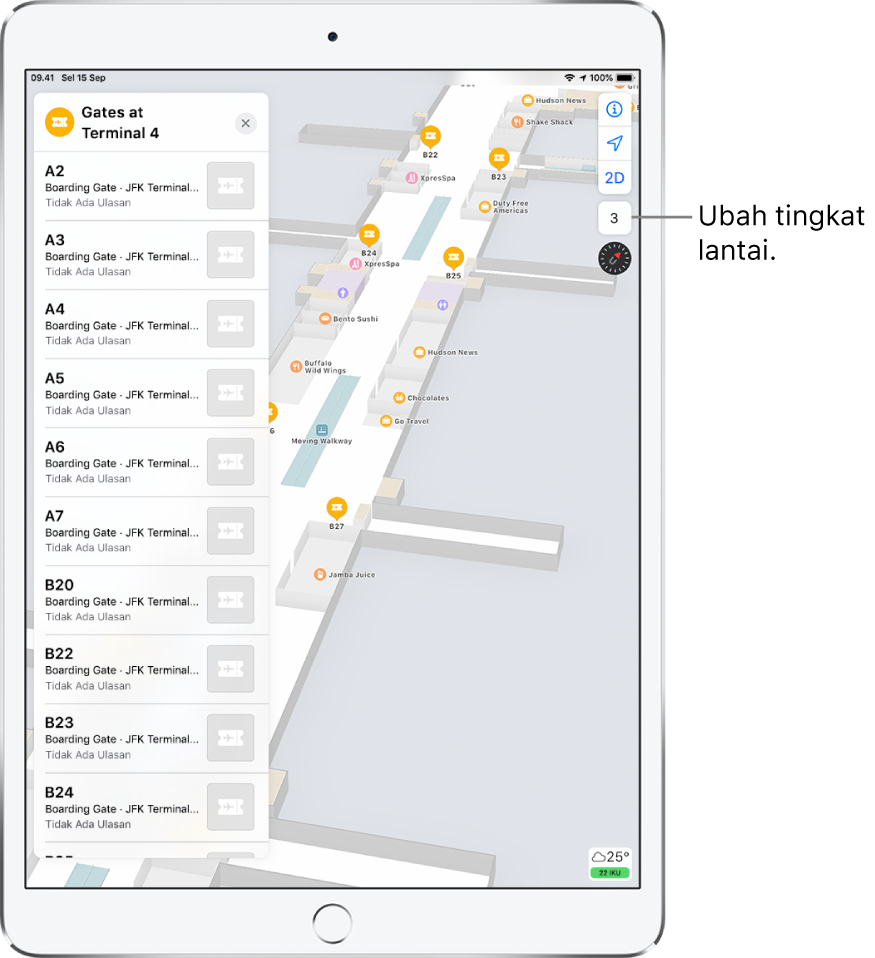 Peta dalam ruangan dari terminal bandara. Peta menampilkan bisnis dan gerbang keberangkatan. Di sisi kiri layar, kartu mengidentifikasi gerbang di Terminal 4.