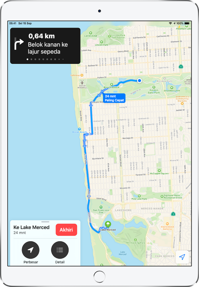 Peta tinjauan menampilkan petunjuk arah bersepeda di antara dua taman di San Francisco.