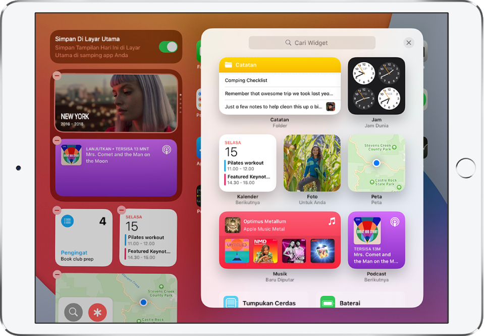 Galeri widget di iPad menampilkan widget termasuk widget Catatan, Jam, Kalender, Foto, Peta, Musik, dan Podcast.