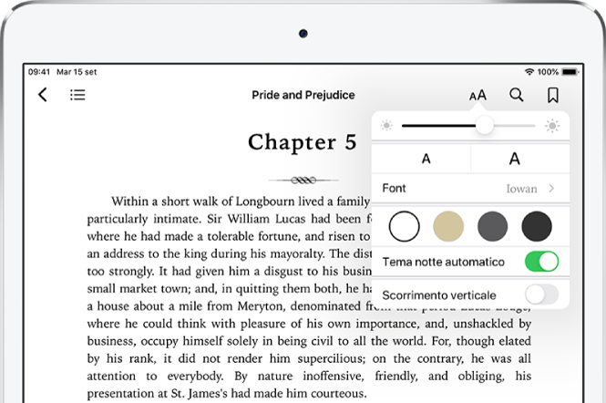 Il menu Aspetto selezionato in un libro, che contiene, dall'alto verso il basso, i controlli per luminosità, per determinare la dimensione e lo stile del font, il colore pagine, il tema notte automatico e quelli per la visualizzazione a scorrimento.