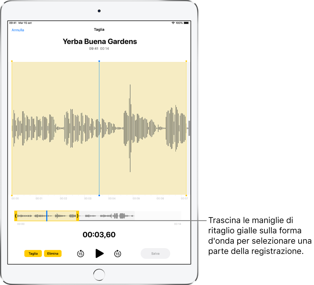 Una registrazione in fase di taglio, con una porzione della forma d'onda audio inclusa all'interno delle maniglie di taglio gialle nella parte inferiore dello schermo. Sotto la forma d'onda sono presenti un pulsante Riproduci, un timer di registrazione e le maniglie per il ritaglio.