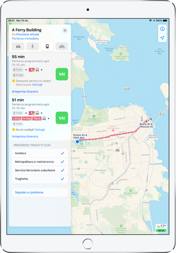 Una mappa che mostra un itinerario coi mezzi pubblici a San Francisco. Una scheda itinerario sulla sinistra mostra i pulsanti Vai per due diverse opzioni di itinerario.