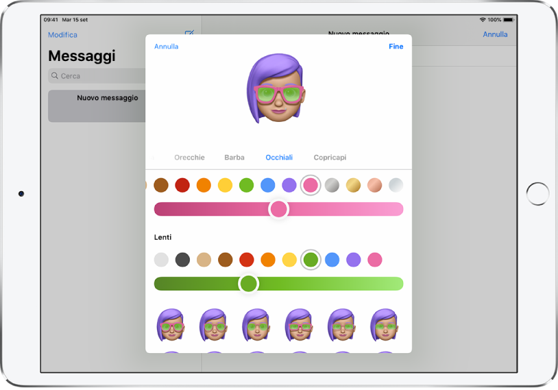La schermata di creazione delle Memoji nell'app messaggi, dove è possibile scegliere gli occhiali.