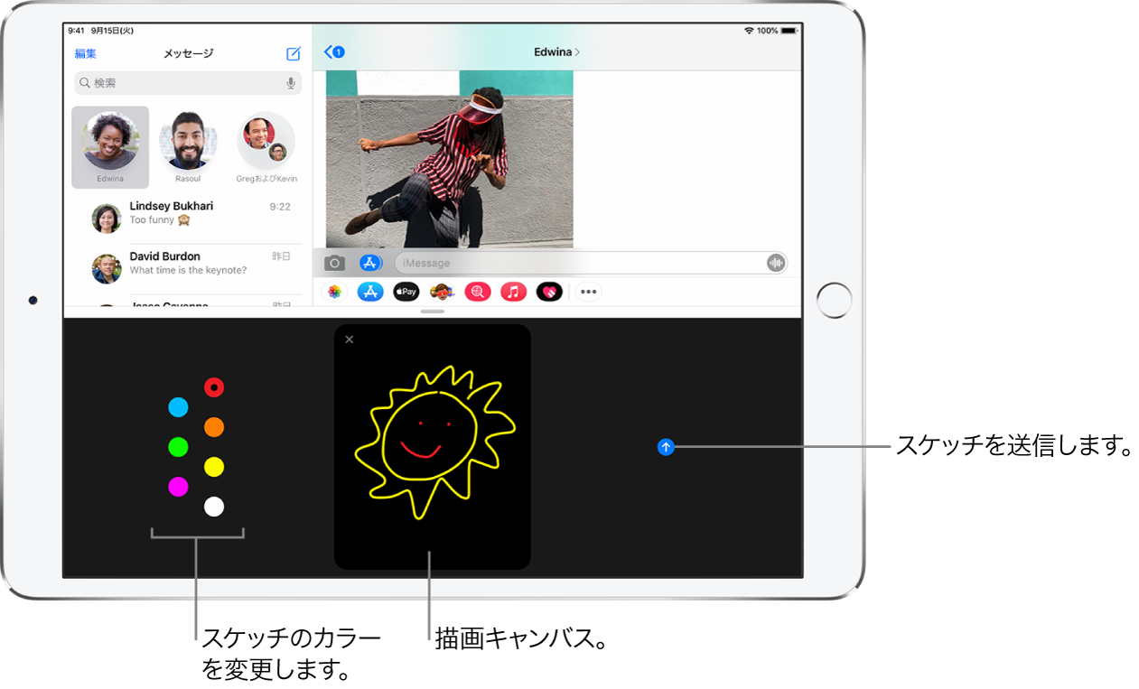 「メッセージ」画面。下部にDigital Touch画面が表示されています。左側にカラーの選択肢、中央に描画キャンバス、右側に送信ボタンがあります。