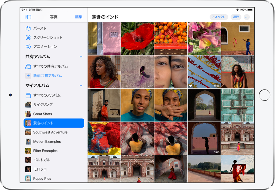 画面の左側で「写真」サイドバーが開いています。「マイアルバム」の見出しの下で、「すばらしいインド」というタイトルのアルバムが選択されています。iPadの残りの画面には、「すばらしいインド」アルバムの写真とビデオがタイルで表示されています。