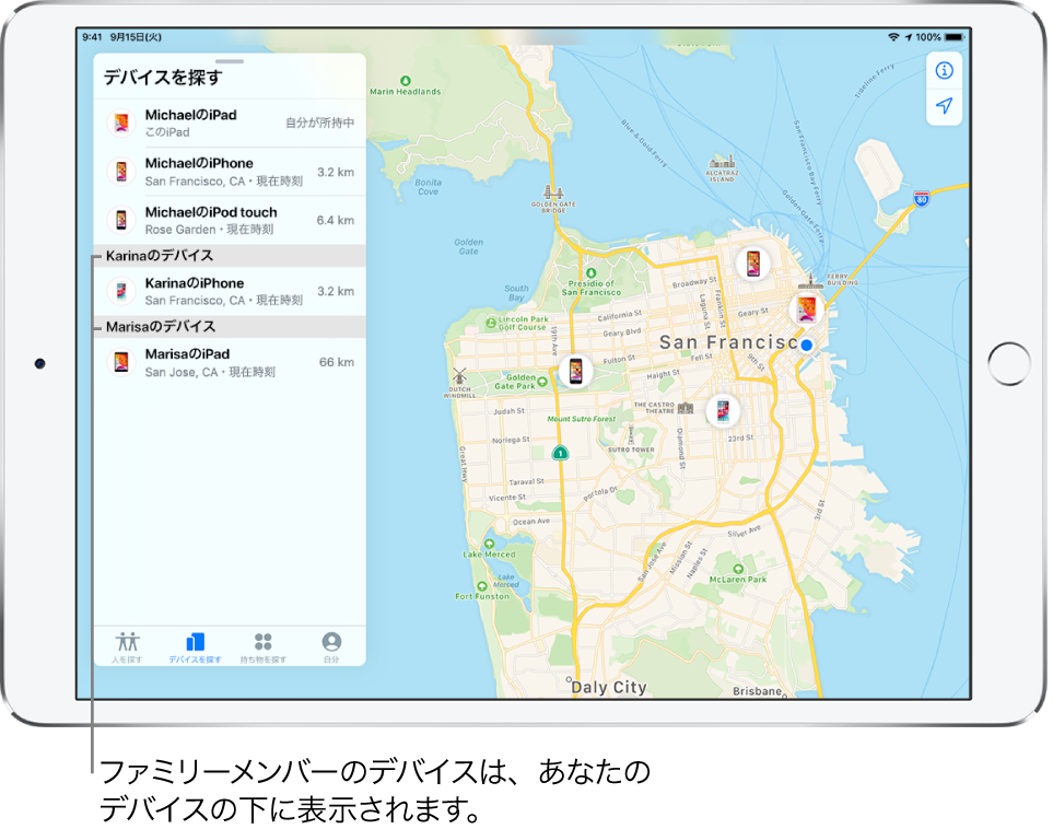 「探す」Appが開いて、「デバイスを探す」タブが表示されています。マイケルのデバイスがリストの一番上にあります。その下に、カリナのiPhoneとメリサのiPadがあります。彼らの位置情報がサンフランシスコの地図に表示されています。