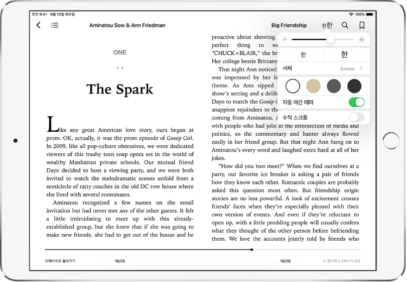 도서 앱에 열려 있는 책의 첫 페이지가 있고 화면 상단에 탐색 제어기가 표시됨. 모양새 버튼이 선택되고 상단에서 하단에 걸쳐 밝기, 서체 크기, 색상 테마, 자동 야간 테마 및 수직 스크롤 설정이 표시됨.
