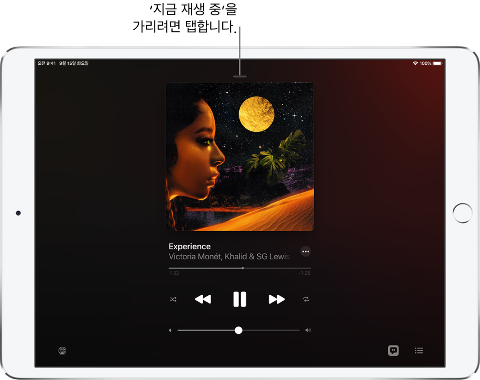 앨범 사진이 표시된 지금 재생 중 화면이 있음. 아래에는 노래 제목, 아티스트 이름, 더 보기 버튼, 재생헤드, 재생 제어기, 음량 슬라이더, 가사 버튼, 재생 대상 버튼 및 대기 목록 버튼이 있음. 상단에 있는 지금 재생 중 가리기 버튼.