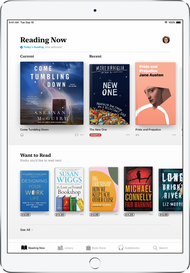 Programos „Books“ ekranas. Ekrano apačioje iš kairės į dešinę pateikiami skirtukai „Reading Now“, „Library“, „Book Store“, „AudioBooks“ ir „Search“ – pasirinktas skirtukas „Reading Now“. Ekrano viršuje yra skiltis „Reading Now“, kurioje rodomos dabar skaitomos knygos. Žemiau yra skiltis „Want to Read“, kurioje rodomos knygos, kurias galbūt norėtumėte perskaityti.