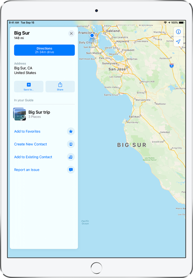 Žemėlapis ir informacijos kortelė „Big Sur“. Informacijos kortelėje rodomas mygtukas „Directions“.