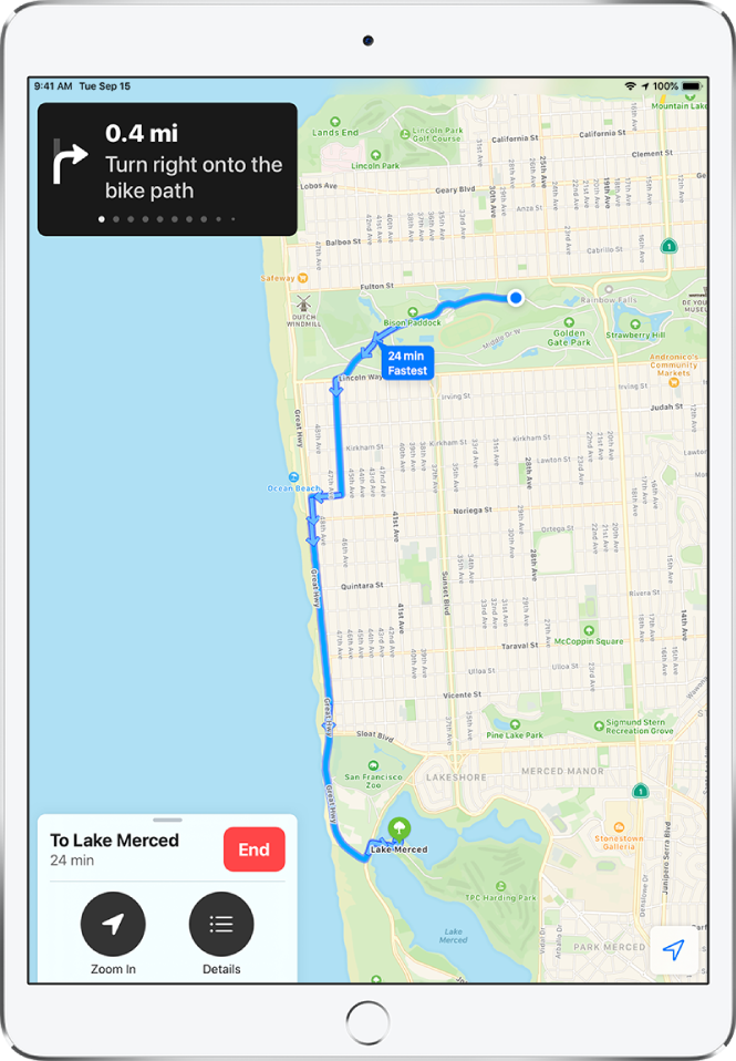 Bendras žemėlapis, kuriame rodomi važiavimo dviračiu tarp dviejų parkų San Fransiske nurodymai.