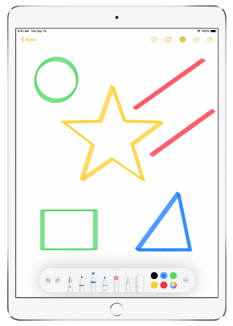 Programos „Notes“ pastaba, užpildyta skirtingų spalvų žvaigždėmis, linijomis ir formomis.