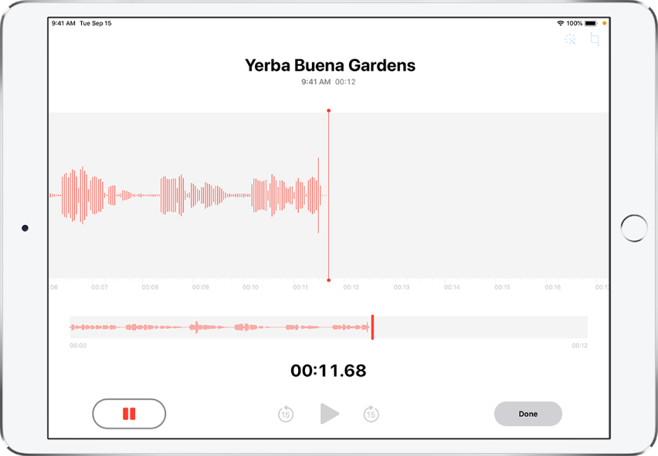 „Voice Memos“ įrašymo ekranas su paleidimo, pristabdymo, atkūrimo ir įrašo baigimo valdikliais. Oranžinis naudojamo mikrofono indikatorius rodomas viršuje dešinėje.