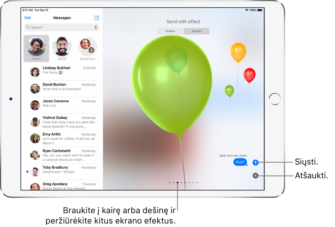 Žinutės peržiūra, kai rodomas viso ekrano efektas su balionėliais.