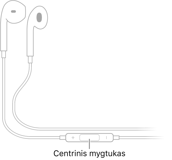 „Apple EarPods“; centrinis mygtukas yra ant laido, einančio į dešinės ausies ausinę.