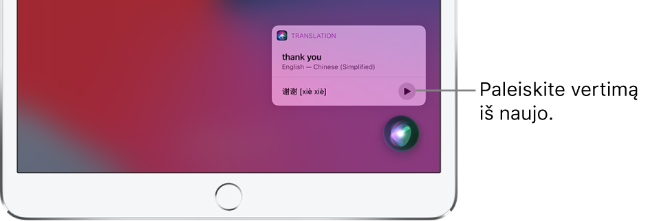 „Siri“ rodo angliškos frazės „thank you“ (ačiū) vertimą į mandarinų kalbą. Į dešinę nuo vertimo esantis mygtukas pakartoja garsinį vertimą.