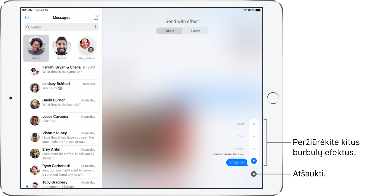 Žinutės, kuriai naudojamas nematomas rašalas, peržiūra. Norėdami peržiūrėti kitus burbulo efektus, palieskite valdiklį apačioje, dešinėje pusėje. Norėdami siųsti, palieskite tą patį valdiklį dar kartą arba paspauskite žemiau esantį „Cancel“ mygtuką, jei norite grįžti į pranešimą.