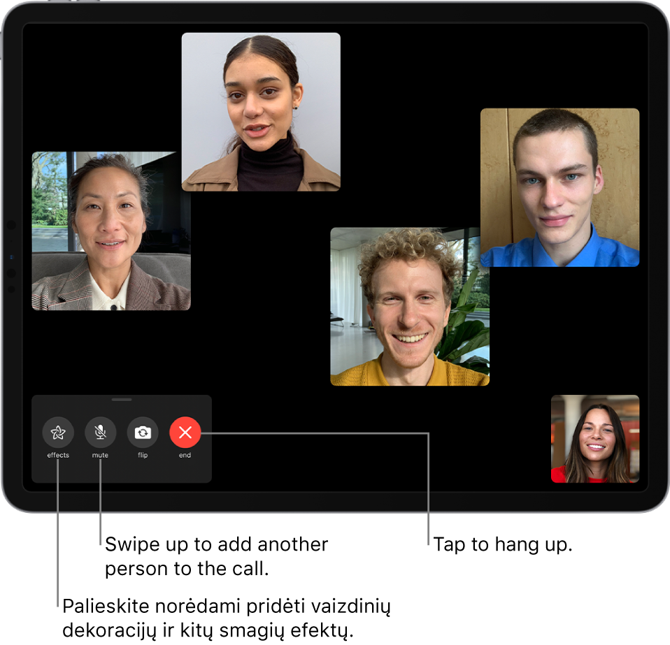 Grupinės „FaceTime“ skambutis su penkiais dalyviais, įskaitant iniciatorių. Kiekvienas dalyvis rodomas atskirame langelyje. Apačioje kairėje pateikiami efektų, nutildymo, apvertimo ir pabaigimo valdikliai.