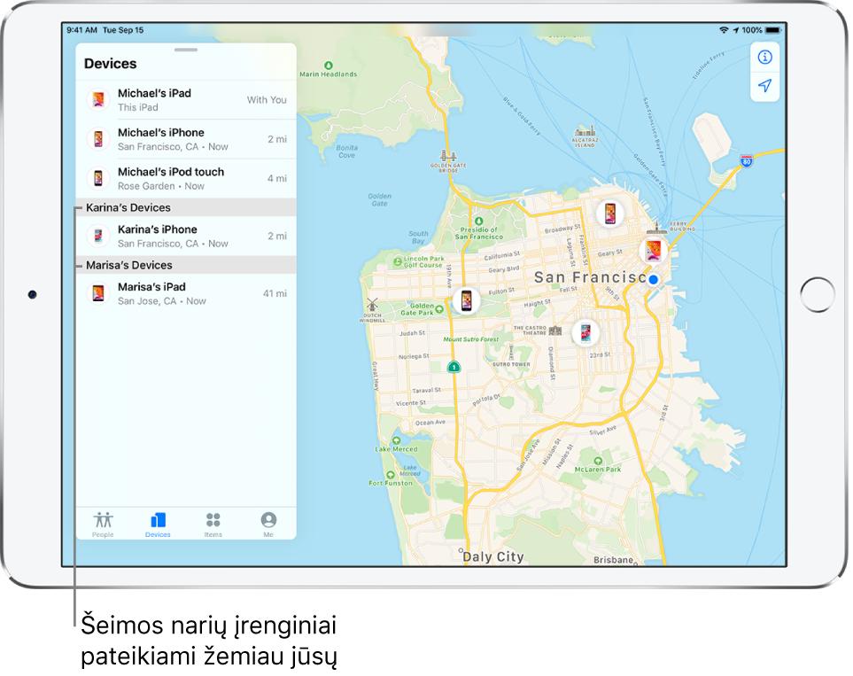 Programa „Find My“, atidaryta kortelė „Devices“. Sąrašo viršuje pateikti Michaelo įrenginiai. Žemiau matomi Karinos „iPhone“ ir Marisos „iPad“. Jų vietos rodomos San Fransisko žemėlapyje.