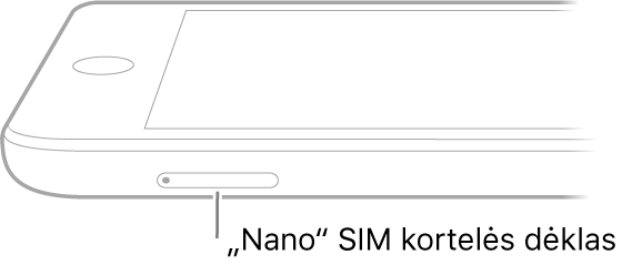 „iPad“ vaizdas iš šono, su rodykle į „nano-SIM“ kortelės dėklą.