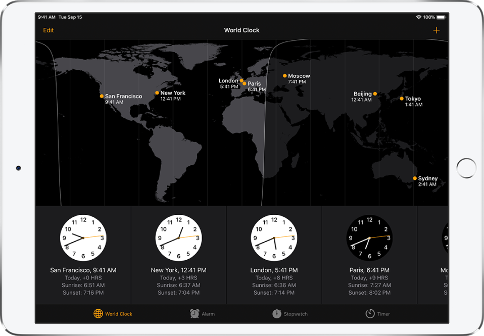 „World Clock“ skirtukas, rodantis laiką įvairiuose miestuose. Viršuje kairėje palieskite „Edit“, kad tvarkytumėte miestų sąrašą. Viršuje dešinėje palieskite mygtuką „Add“, jei norite pridėti daugiau laikrodžių. Mygtukai „World Clock“, „Alarm“, „Stopwatch“ ir „Timer“ mygtukai rodomi ekrano apačioje.