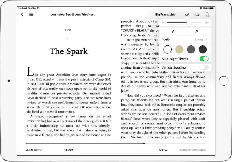 Programoje „Books“ atverstas pirmas knygos puslapis, ekrano viršuje rodomi naršymo valdikliai. Pasirinktas mygtukas „Appearance“ ir iš viršaus į apačią rodomi šie išvaizdos nustatymai: ryškumas, šrifto dydis, spalvų tema, automatinis nakties režimas ir vertikalus slinkimas.