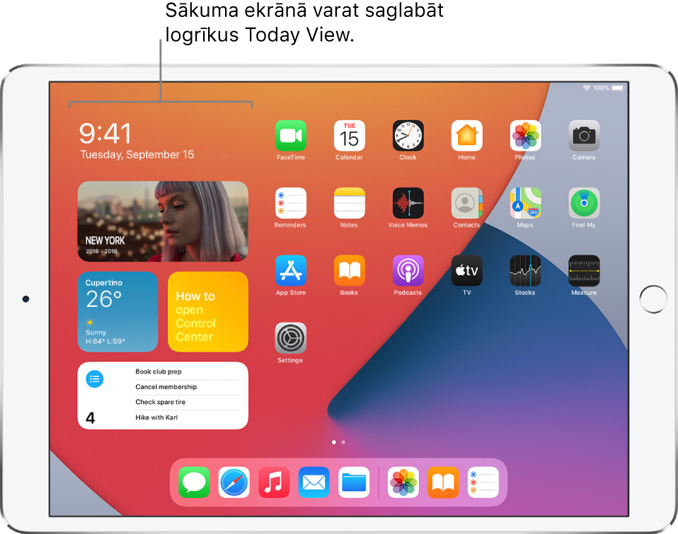 Sākuma ekrāns ar skata Today View logrīkiem —to skaitā logrīkiem Photos, Weather, Tips un Reminders, kas piesprausti sākuma ekrānā blakus lietotņu ikonām.