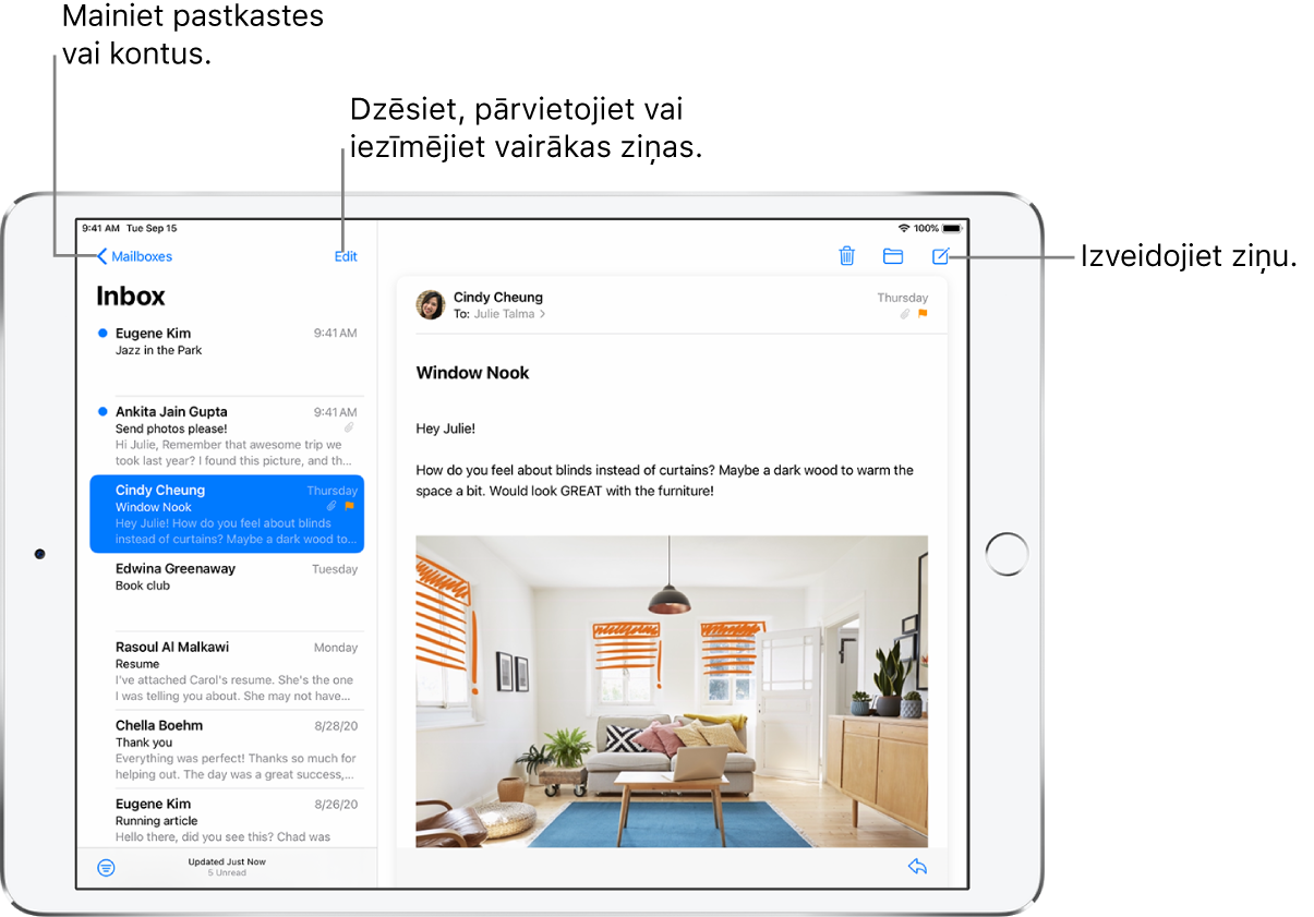Lietotnes Mail iesūtne ar e-pastu sarakstu pa kreisi un atvērtu e-pasta saraksti pa labi. Poga Mailboxes, kas ļauj pārslēgties uz citu pastkasti, atrodas augšējā kreisajā stūrī. Poga, kas ļauj filtrēt e-pasta ziņojumus, lai tiktu rādīti tikai noteikta veida ziņojumi, atrodas apakšējā kreisajā stūrī. Poga, kas ļauj izveidot jaunu e-pasta ziņojumu, atrodas augšējā labajā stūrī.