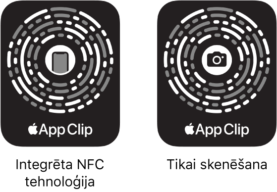 Pa kreisi ir redzams NFC integrēts App Clip Code kods ar iPhone tālruņa ikontu centrā. Pa labi ir redzams tikai skenējams App Clip Code kods ar kameras ikonu centrā.