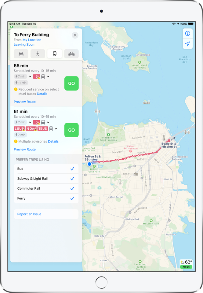 Karte, kurā parādīts sabiedriskā transporta maršruts cauri Sanfrancisko. Maršruta kartītē kreisajā malā ir pogas Go divām maršruta opcijām.