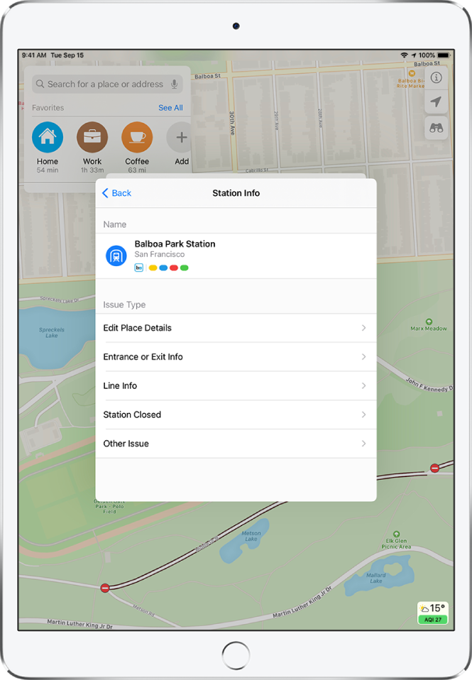 Daļēja ziņošana par nepareizu informāciju par sabiedriskā transporta staciju. Ziņošanai pieejamie problēmu tipi ir Edit Place Details, Entrance or Exit Info, Line Info, Station Closed un Other Issue.