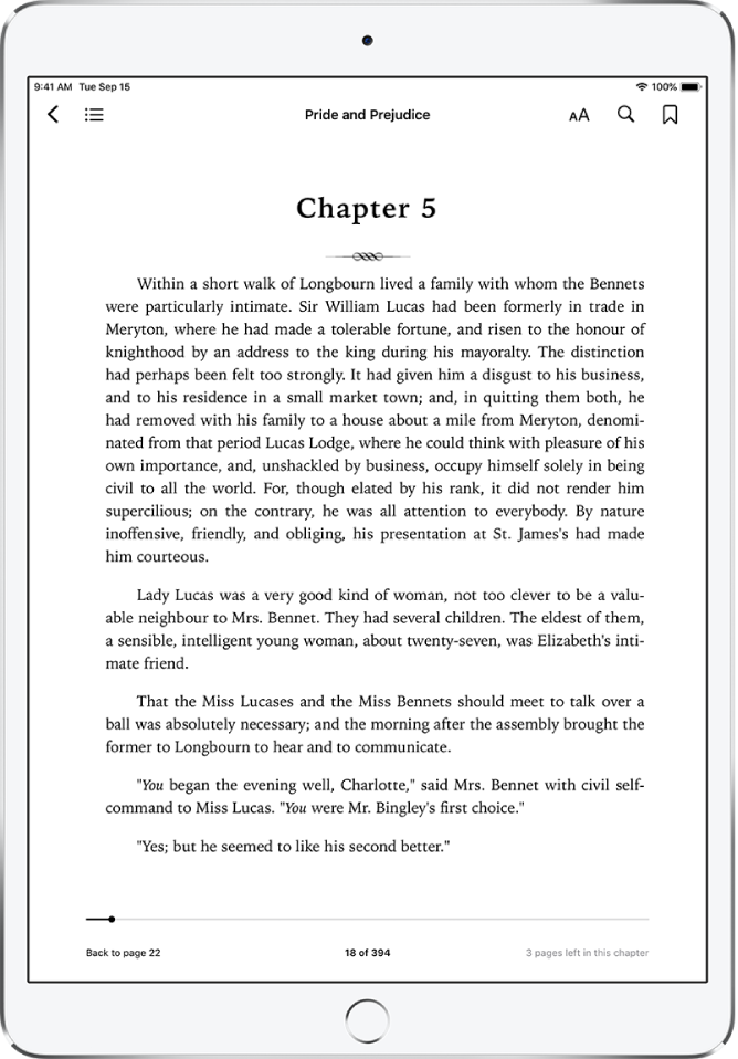 Atvērtas grāmatas lappuse lietotnē Books; ekrāna augšdaļā redzamas navigācijas vadīklas, kad (virzienā no kreisās puses uz labo) ļauj aizvērt grāmatu, skatīt satura rādītāju, atvērt izskata izvēlni, meklēt un pievienot grāmatzīmes.