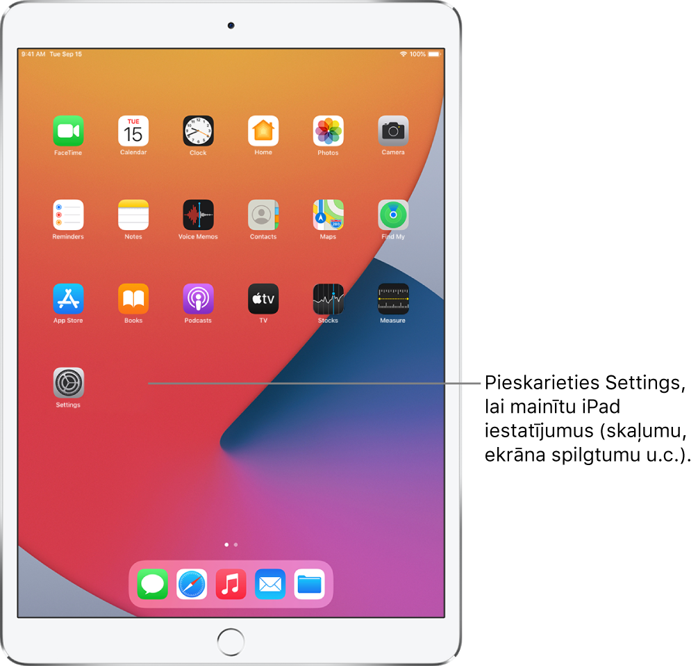 iPad ierīces sākuma ekrāns ar vairākām lietotņu ikonām, tostarp lietotnes Settings ikonu, kurai varat pieskarties, lai mainītu iPad skaņas skaļumu, ekrāna spilgtumu u.c. iestatījumus.