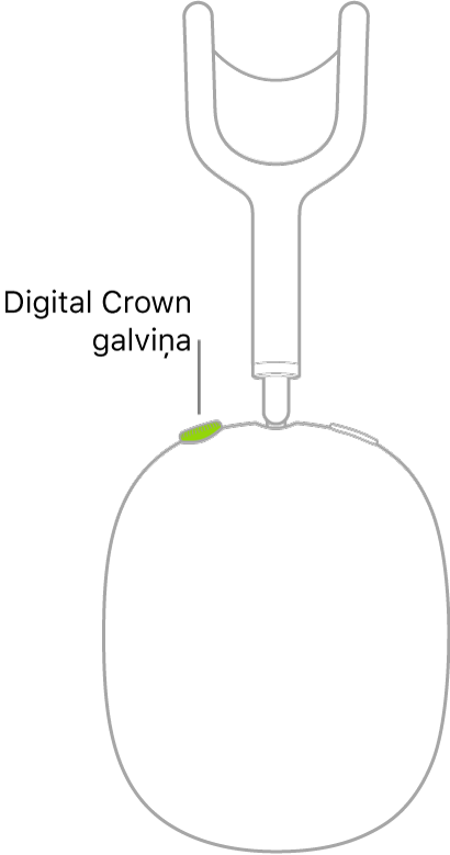 Attēlā redzama Digital Crown galviņas atrašanās vieta uz labās AirPods Max austiņas.