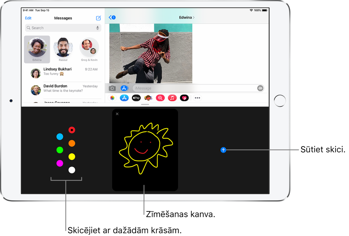 Lietotnes Messages ekrāns ar Digital Touch ekrānu apakšā. Kreisajā pusē ir krāsu izvēlne, centrā zīmēšanas laukums, un pa labi ir poga Send.