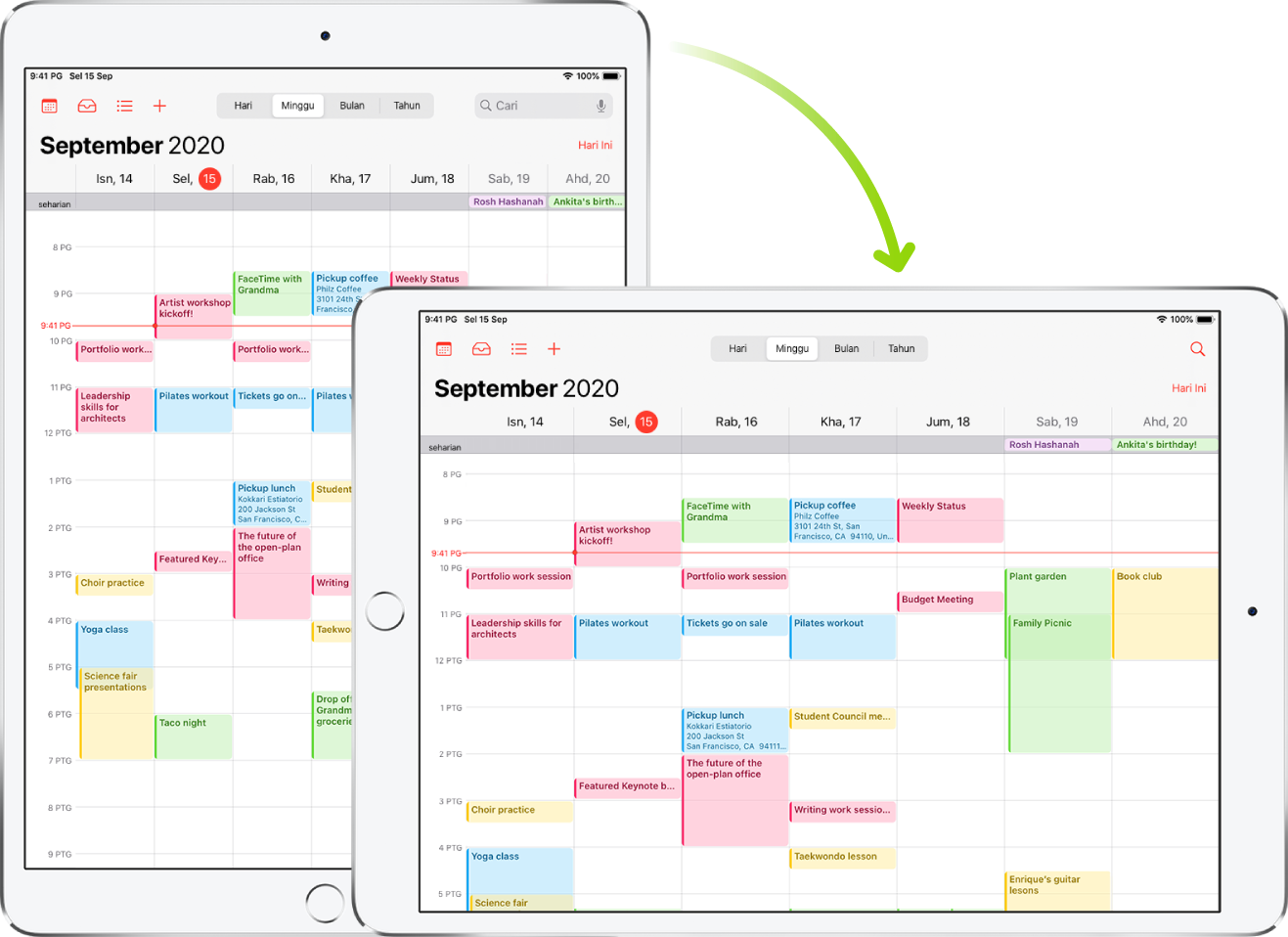 Di latar belakang, iPad memaparkan skrin Kalendar dalam orientasi potret; di latar depan, iPad diputarkan dan menunjukkan skrin Kalendar dalam orientasi landskap.