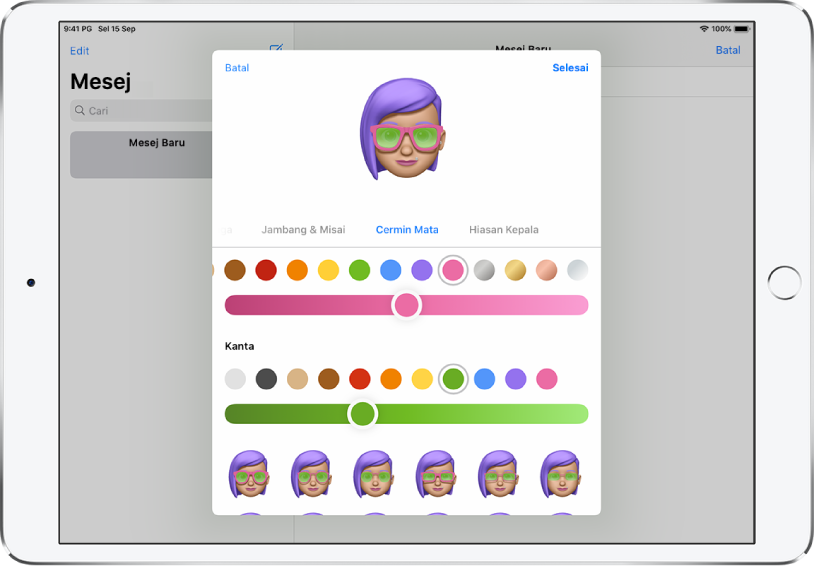 Skrin cipta Memoji dalam app mesej, yang anda boleh memilih cermin mata.